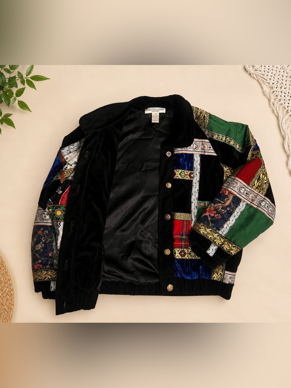 Vintage Preston & York Sport Velvet Patchwork Bomber Jacket S | Tapestry Baroque